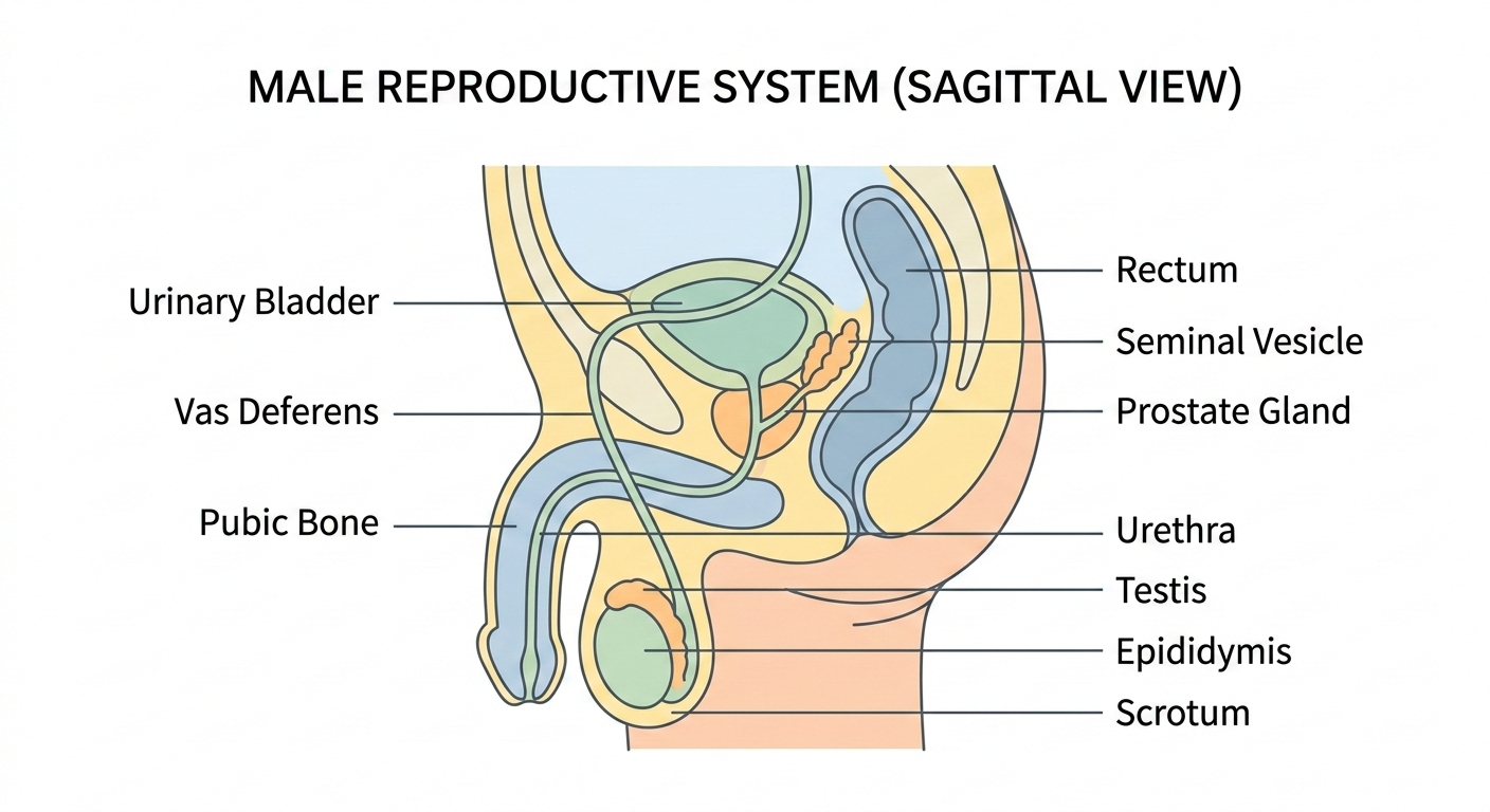 Labeled educational medical diagram of male reproductive system showing testes, prostate, and reproductive organs